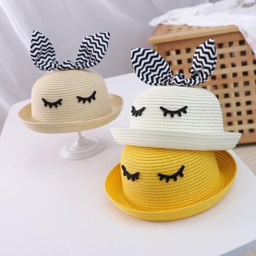 INS Rabbit Ear Sun Hats Kids Summer Straw Hat Baby Boys Girls Panama Beach Sunscreen Hat Flat Top Fedora Gorros