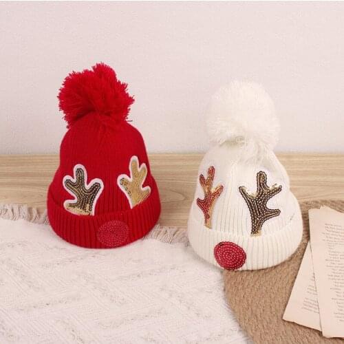 Christmas Toddler Baby Boys Girls Woolen Knitted Hats Winter Kids Unisex Sequins Antler Patterns Keep Warm Pompom Beanie Hat