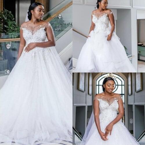 African Plus Size Wedding Dresses Bridal Gowns Off The Shoulder Sheer Neckline Lace Appliqued Beading Formal vestido de novia