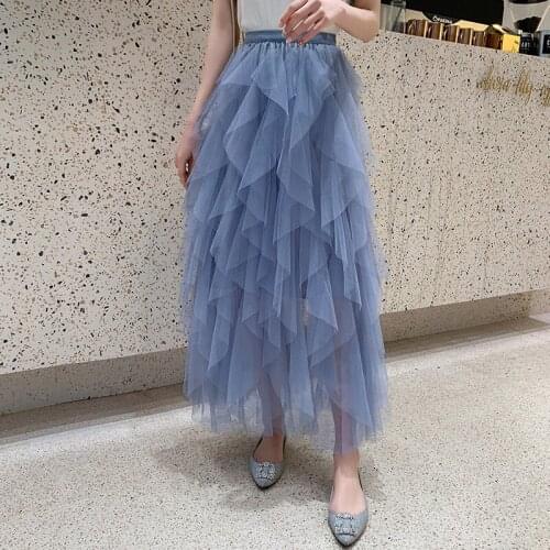 U-SWEAR New Arrival Fashion Women Tulle Skirt Pleasted Irregular Ankle-Length Vestidos Female Sweet Elegant Solid Skirt