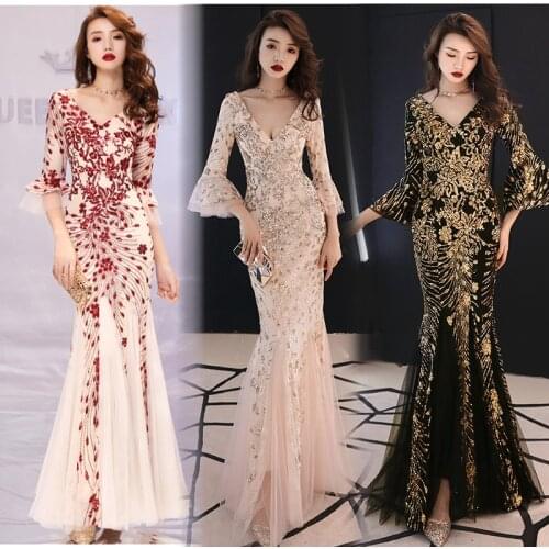 High Quality Womens Dresses Hot Rhinestone Sexy Fishtail Banquet Dress Long Slim Noble Elegant Princess Party Dress