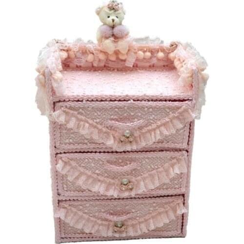 Pink lace rattan three layer cosmetic boxes girls bedroom desktop drawer organizer combination make up storage cabinet