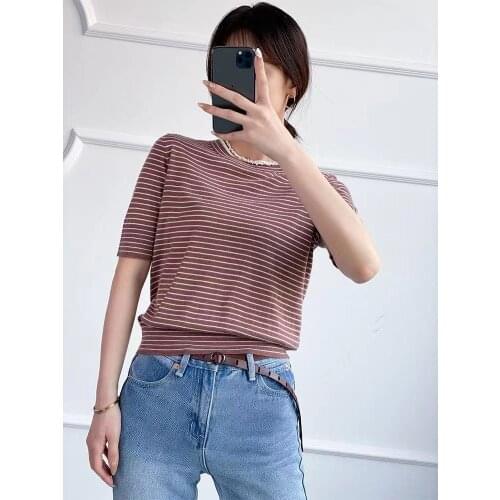 2021 Fashion Runway Designer Knitted T-Shirt Women Summer O-neck Short Sleeve Basic Stripes Print Casual Slim Tops Tee