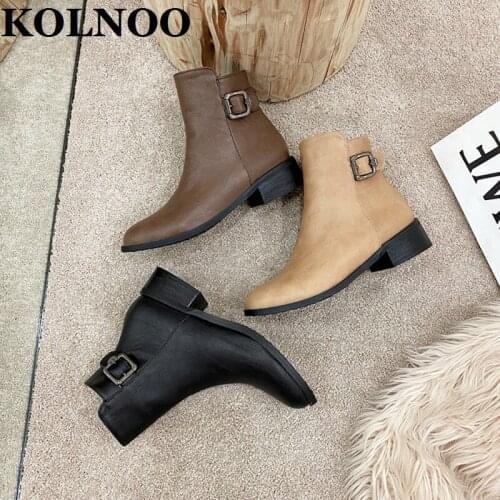 Kolnoo Handmade Womens Real Photos Thick Heels Ankle Boots Buckle Side-Zipper Martin Boots Evening Party Fashion Winter Shoes