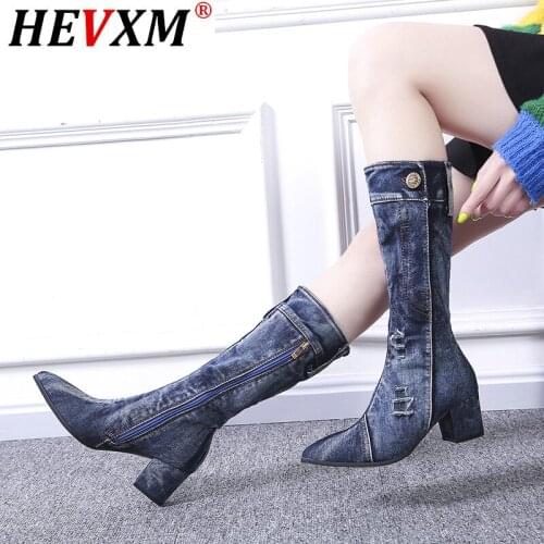 Retro Women 's Boots New European and American Thick Heel Pointed Denim Boots Four Seasons Single Boots Cowboy Boots Plaid