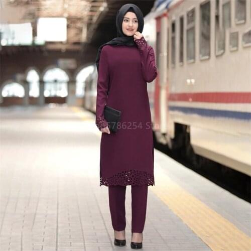 Muslim Sets Fashion Abaya Dress Pants Women Islamic Turkish Dubai Hollow Solid Full Sleeve Kaftan Lady Elegant Middle East Cloth