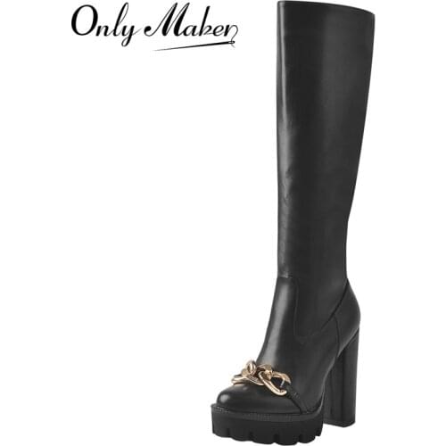Onlymaker Womens Platform Knee High Boots Matte Black Faux Suede Metal Chain Decoration Chunky High Heel Shoes Zipper Concise