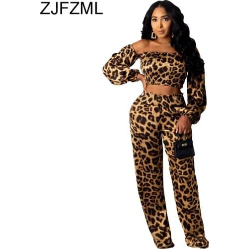 Women Plus Size Leopard 2 Piece Outfits Off Shoulder Long Sleeve Crop Tops and Straight Long Pant Vintage Lounge Wear Sweatsuit