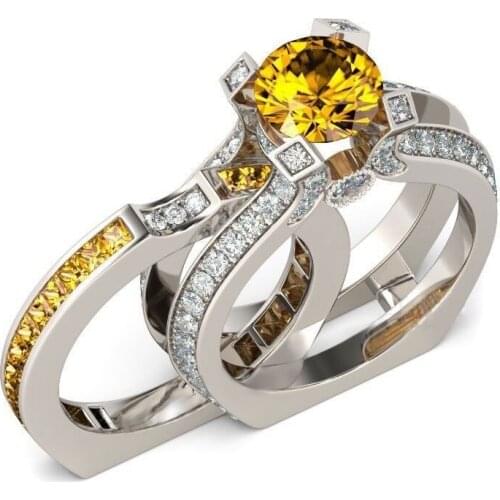 Shuning Yellow Zircon Luxury Female Ring Sets Silver Color Filled Jewelry Vintage promise Rings For Women Wedding Engagement