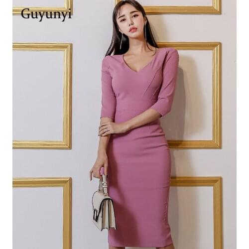 High Waist Slim Pencil Office Lady Dress 2020 Summer Simple Small Sexy V-Neck Pink Five-Point Sleeve Elegant Womens Party Dress