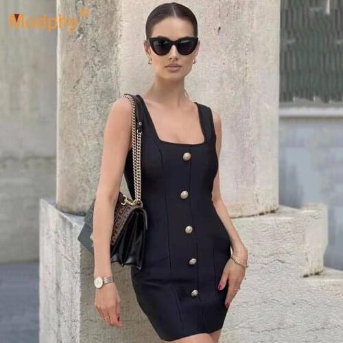 2021 Summer Fashion Rayon Bandage Dress Women Black Sexy Square Neck Sleeveless Buttons Bodycon Mini Dress Club Party Vestidos