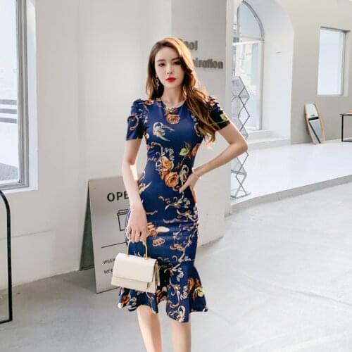 Summer2021 sexy party bodycon female mermaid dresses o-neck short-sleeved office dresses high-end vintage print dresses d bandag