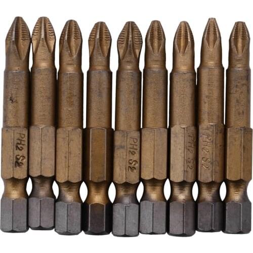 10Pcs 50Mm PH2 1/4 Inch Hex Shank Magnetic Cross Head Screwdriver Bits Titanium Coated S2 Steel Power Tools, Gold Gray