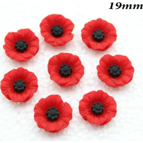 200pcs Chic Resin Red Poppy Flower Artificial Flower Flatback Embellishment Cabochons Cap for home decor 19mm display