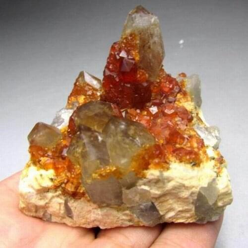 201g/64mm Spessartine Garnet+Smoky Quartz Cluster - crystals and stones healing Mineral specimen Home Decor feng shui decoration