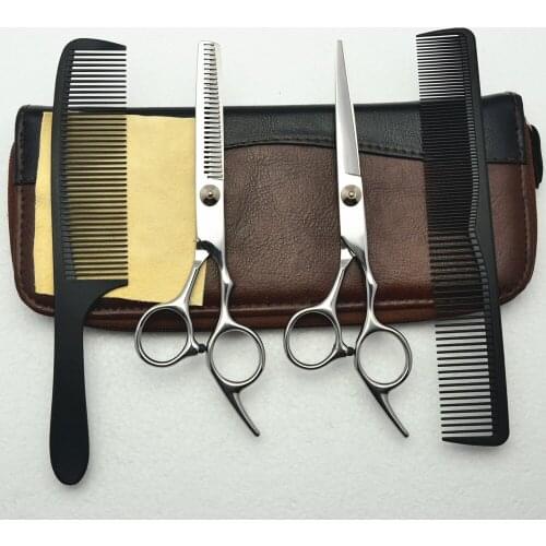 4Pcs Suit 6'' Silvery CUSTOMIZED LOGO Professional Human Hair Scissors Hairdressing Sears Comb + Cutting Scissor +Thinning C1001
