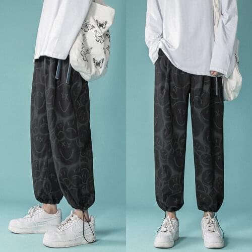 Loose Casual Pants Men Spring Summer All-match Full-print Smiley Trousers Black Blue Comfortable Hiphop Streetwear Mens Pants