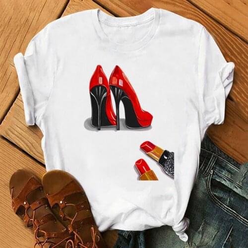 T-shirt Womens High Heels Shoes Lipstick Print Short Sleeve O-neck Ladies T-shirt Casual Loose Hipster Graphic Tops Oversize