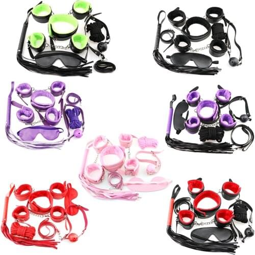 Adult Games For Couples Bed On Restraint 7 Pcs Suit BDSM Bondage Handcuffs Mouth Gag Whip Sex Toys For Women Exotic Accessories