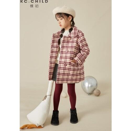 KC.Child Gilrs Woolen Coat Babys Thick Jacket Winter Wram Quilted Outwear Christmas Costume Classic Style Double Breast Age2-12Y