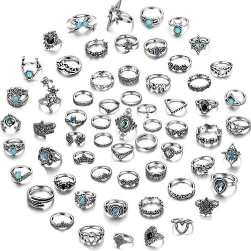 MixMax 62PCs/Set Women Ring Bohemian Style Ethnic Silver Plated Fashion Finger joint Band Mix Lot Wholesale Party Gifts