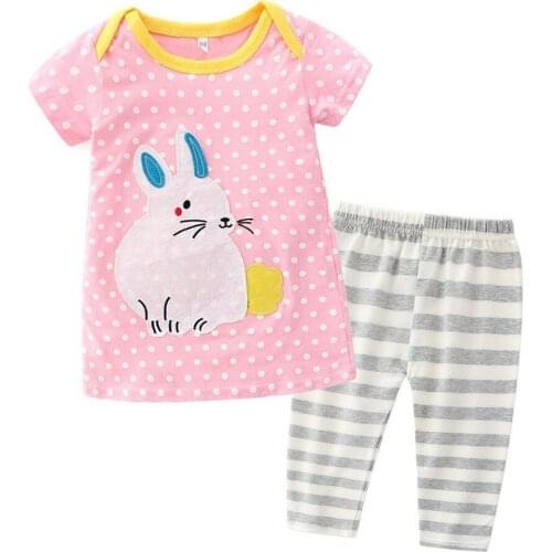 2021 Rabbit Pink T-shirts Striped Pant 2 Pieces Sets 1-10Y Toddler Kid Baby Girls Clothes Long Pant Outfit Suit Cartoon Pattern
