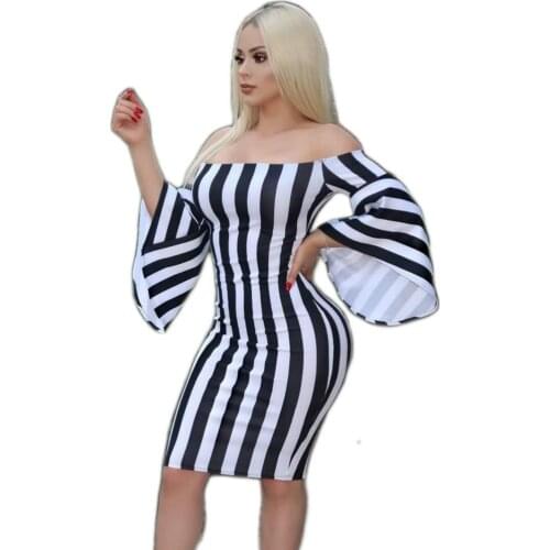 Summer New Style Womens Black and White Striped Strapless Sexy Bat Side Cuff Skirt