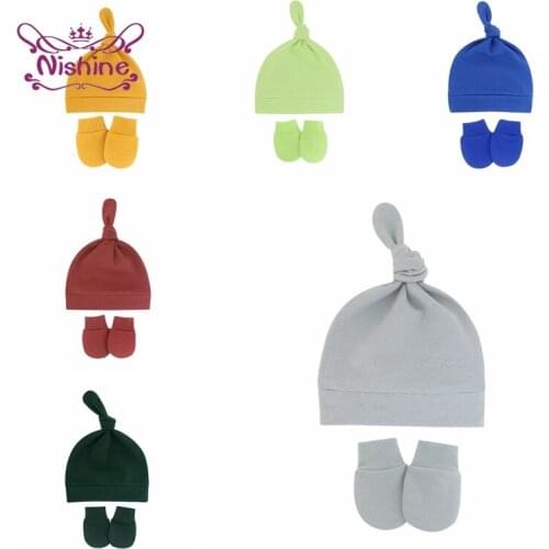 Fashion Warm Knitting Cotton Infant Hat and Glove Set Toddler Solid Color Handmade Knotted Tail Cap Kids Accessories Photo Props