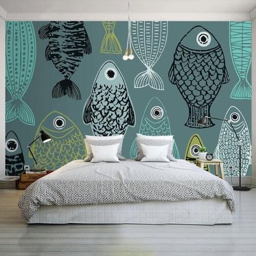 Custom Self-Adhesive Wallpaper Modern Simple Hand-painted Fish Cartoon Mural Wallpaper Childrens Bedroom 3D Waterproof Sticker
