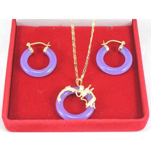 2 choices Wholesale 25mm GP purple Natural Stone dragon pendant hood earring Jades Jewelry set007