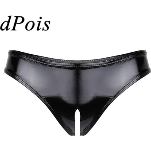 Women Open Crotch Exotic Lingerie Sexy Ladies Panties Wet Look Patent Leather Female High Cut Mini Briefs Underwear Underpants