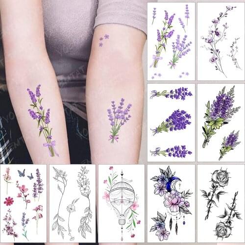 Waterproof Temporary Tattoo Sticker Watercolor Romantic Lavender Flowers Flash Tatoo Arm Wrist Fake Tatto For Body Art Women Men