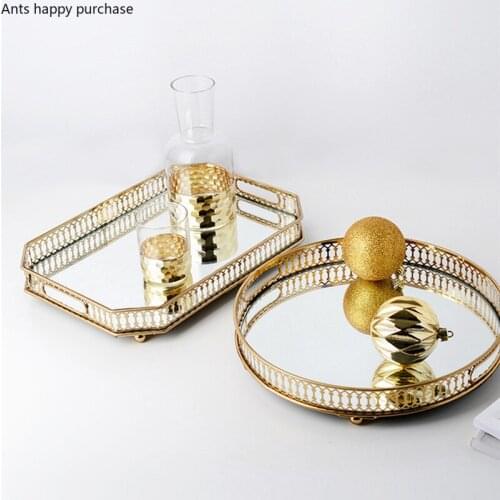 Iron Art Gold Plating Glass Storage Mirror Bottom Tray Living Room Decoration Dessert Fruit Plate Jewelry Cosmetics Storage Tray