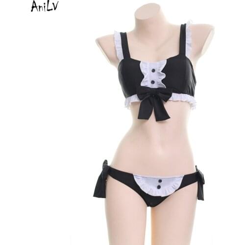 AniLV Anime Lolita Girl Maid Bikini Swimsuit Costume Comics Student Bow Black Swimwear Uniform Summer Beach Pool Party Cosplay
