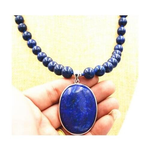 Women Gift jewelry gem chocker maxi overwatch Natural 10MM blue Lapis Lazuli Beads & 30x40mm Pendant Necklace