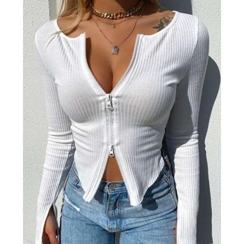 Women’s Zipper V Neck Design Ribbed Crop Top Solid Color Long Sleeve Tight-fitting Elastic T-Shirt for Party Club Casual