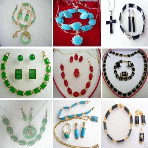 Women Jewelry Set Jade Turquoise Necklace Bracelet Ring Cufflink Pendant Earring (Price does not include jewelry box)