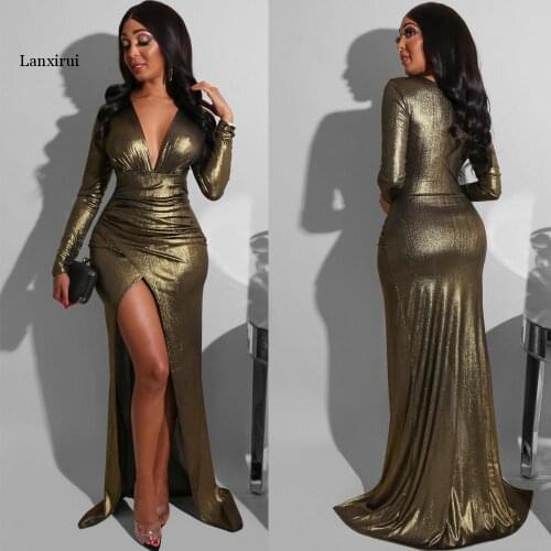 Women Sexy Glitter Long Sleeve High Slit Ruched Maxi Dress