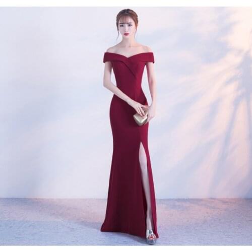 Beauty-Emily Off Shoulder Sexy Evening Dresses Long 2020 for Women Split Formal Party Dress Prom Gown Zipper Back Robe De Soiree