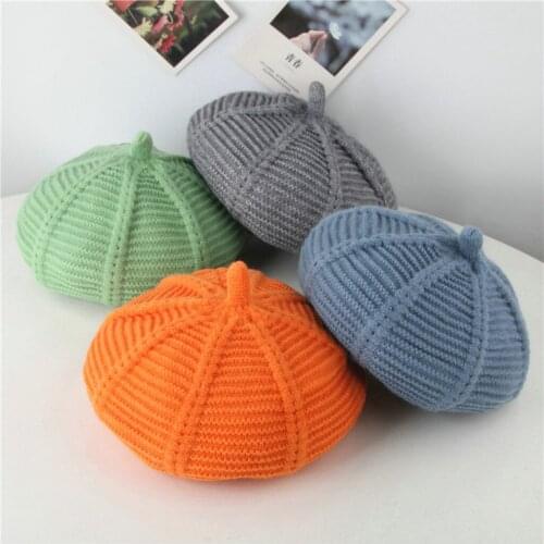 1PC Autumn Winter Beret Children Solid Color Stripe Wool Knitting Pumpkin Hat Beret Vintage Beret Female Hat Cap For Kids шапка