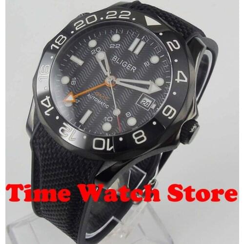 Bliger 41mm GMT 3804 PVD case automatic mens watch sapphire glass black dial luminous ceramic bezel waterproof deployant
