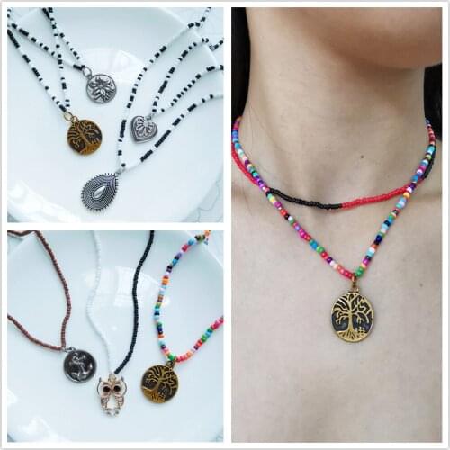 Multielement Boho Metal Heart Owl Tree Anchor Water Drop Pendant Necklace Women Beads Chain Trend Jewelry Goth Choker Necklace