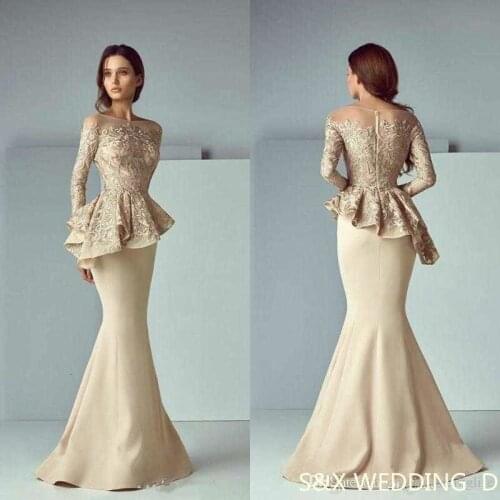 Cheap Arabic Champagne Top Stain Long evening dresses 2020 Jewel Sheer Neck Long arm Dubai Mermaid Prom dress Robe De soiree