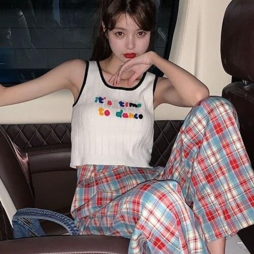 HOUZHOU Harajuku Plaid Pants Women High Waist 2021 Fashion Checkered Pants for Women Loose Plaid Trousers Jokers Wide Pants