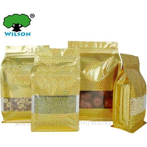 Laser Shiny Gold Stand-Up Zip Lock Bag Clear Window 50-300 Pcs For Food Storage Bag Flat Bottom/Side Gusset And Angle Seals
