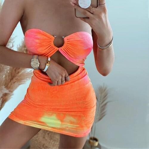 BKLD Summer Dresses 2020 New Orange Tie Dye Clothes Sleeveless Strapless Hollow Out Bodycon Mini Dress Women Sexy Party Clubwear