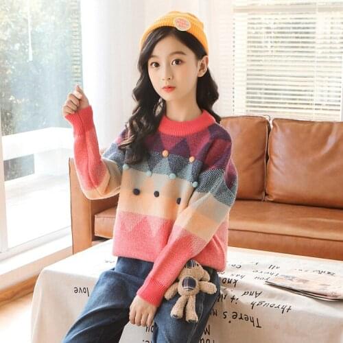 Hot Sale Girls Rainbow Color Blocking Knitted Sweater Spring Fall Children Pullovers Teenager Kids Leisure Knitwear Clothes P350