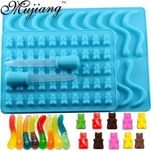 Mujiang 50 Cavity Bear Silicone Gummy Chocolate Sugar Candy Jelly Molds Snake Worms Ice Tube Tray Mold Cake Decorating Tools