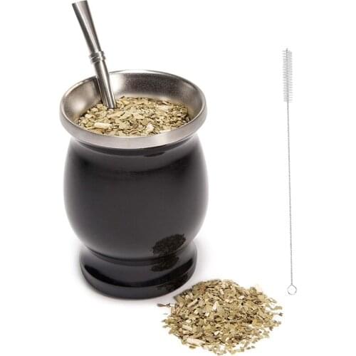 Double-Wall Stainless Yerba Gourd Mate Tea Set Coffee Water Mate Tea Cup with Spoon Straw Bombilla & Cleaning Brush 8Oz