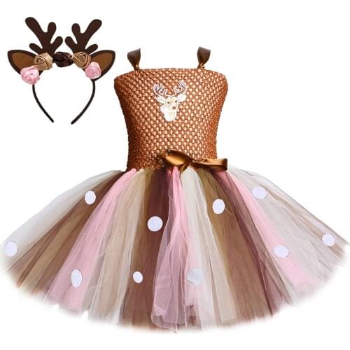New Brown Flurry Deer Tutu Dress for Girls Christmas Halloween Costume Kids Reindeer Princess Dresses Knee-length